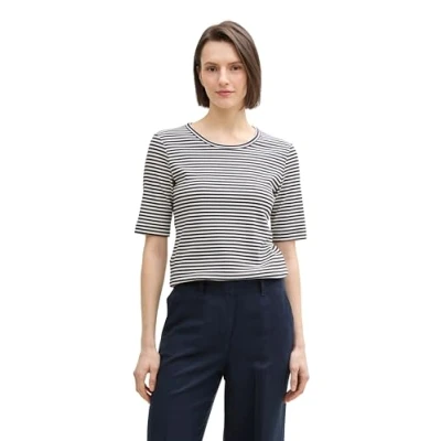 Abbildung von TOM Tailor Striped CREW NECK Tshirt print, Damen, Größe: XL, Off white/navy
