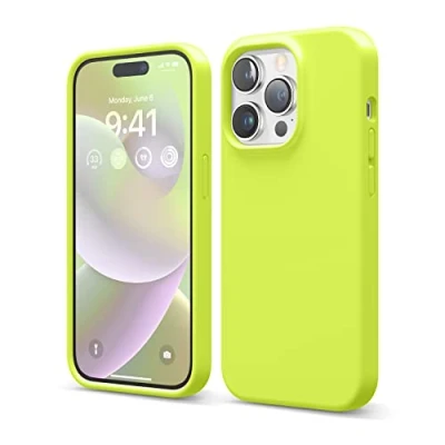 Abbildung von elago Schutzhülle für iPhone 14 Pro, Flüssigsilikon, Ganzkörper Schutzhülle, stoßfest, schlanke Handyhülle, kratzfestes weiches Mikrofaserfutter, 6,1 Zoll (Neongelb)
