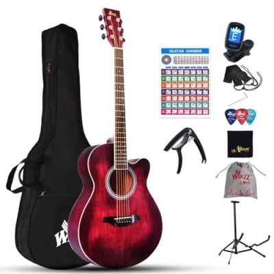 Abbildung von Winzz Akustikgitarre Rot, Westerngitarre 40 Zoll, Gitarre Anfänger Set mit Tonabnehmer, Gitarrenständer, Gitarren Plektrum, Gitarrengurt, Gitarrenstimmgerät, Gitarrentasche