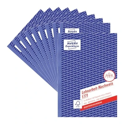 Abbildung von AVERY Zweckform 1771 10 Lohnarbeit Nachweis (A5, selbstdurchschreibend, für Deutschland/Österreich, von Rechtsexperten geprüft, zur Stundenerfassung, 3x40 Blatt) 10er Pack, weiß/gelb/rosa, Blau