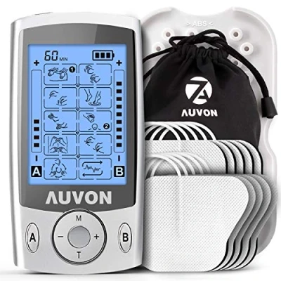 Abbildung von AUVON TENS Gerät, 2 Kanäle Reizstromgerät mit 20 Trainingsprogramme und 10 Stück Premium Elektroden Pads patentiertem Design zur Schmerzlinderung von Rücken, Schulter, Nacken, Bein