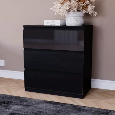 Abbildung von Vida Designs Glinton Hochglanz Kommode, 100% FSC Zertifiziert, Kommode für Kleidung, Schrank Organizer und Aufbewahrungsschrank Flur, Eingangsbereich (Schwarz, 3 Schubladen)