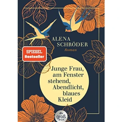 Abbildung von Junge Frau, am Fenster stehend, Abendlicht, blaues Kleid: Roman »Eine berührende Jahrhundertgeschichte« BRIGITTE in großer Schrift