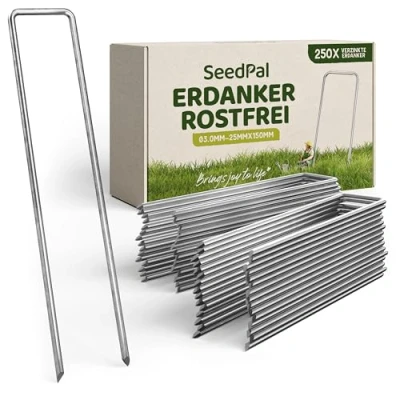 Abbildung von Erdanker/Heringe Anti ROST 250 Stück rostfreie &amp; verzinkte Bodenanker für Befestigung 150mm*30mm*Ø3mm Erdnägel/Bodenhaken aus Stahl Bodenverankerung/Bodenbefestigung SeedPal