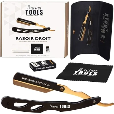 Abbildung von Rasiermesser Herren Bart Rasierer + Rasierklingen Tragetasche Barber mit Wechselklinge (Gold)