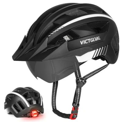 Abbildung von VICTGOAL Fahrradhelm MTB Mountainbike Helm mit magnetischem Visier Abnehmbarer Sonnenschutzkappe und LED Rücklicht Radhelm Rennradhelm für Erwachsenen Herren Damen (M: 54 58cm, Black White)
