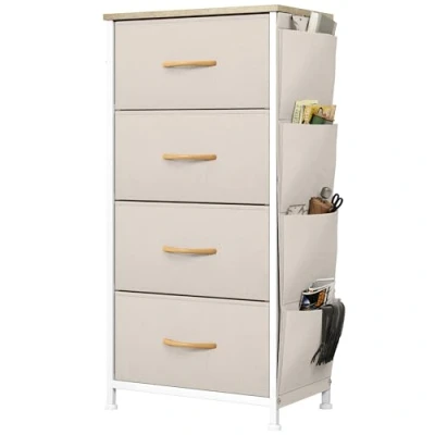 Abbildung von YITAHOME Kommode, 4 Stoffschubladen mit Griffen, Aufbewahrungsschrank Haken, Schubladenschrank Seitentaschen, Schrank,Metallgestell, stoffkommode für Schlafzimmer,Wohnzimmer,Flur,Büro,beige