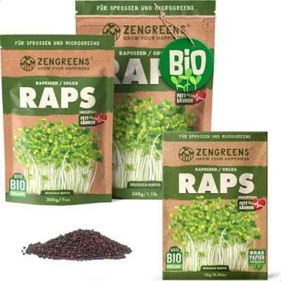 Abbildung von ZenGreens® Bio Raps Samen Wähle zwischen 10g, 200g und 500g Rapssamen mit Keimrate von über 97% Keimsprossen Saatgut zum Sprossen ziehen wiederverschließbare Verpackung