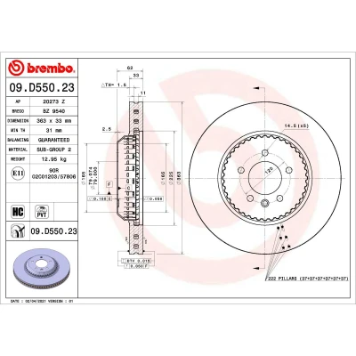 Abbildung von BREMBO 09.D550.23 Bremsscheibe 363 33 5 innenbelüftet, Verbundbremsscheibe beschichtet hochgekohlt LAND ROVER: Discovery 5, Defender SUV