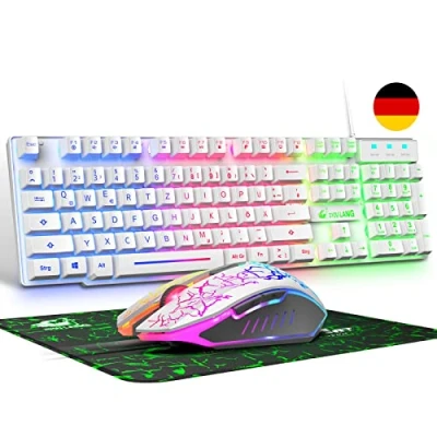 Abbildung von Kabelgebundene weiße Gaming Tastatur mit Maus Deutsches Layout QWERTZ LED RGB Hintergrundbeleuchtung 2400 DPI 6 Tasten und kompatibel PC PS5 PS4 Xbox