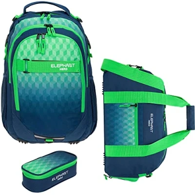 Abbildung von Elephant 3 Teile Set Schulrucksack Jungen Mädchen Signature Hero 2 Schultasche Laptopfach Rucksack + Sporttasche Mäppchen Box (Blue Cube 12810 (Blau Grün))