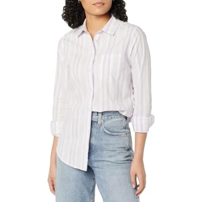 Abbildung von Amazon Essentials Damen Langärmeliges Hemd aus Popeline, Klassischer Schnitt, Lila Weiß Bunte Streifen, XXL