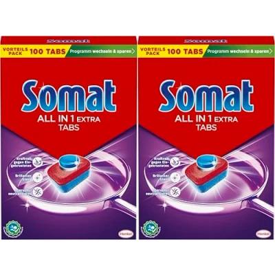 Abbildung von Somat All in 1 Spülmaschinen Tabs (2x100 Tabs), Geschirrspül für strahlende Sauberkeit auch bei niedrigen Temperaturen, kraftvoll gegen Eingetrocknetes