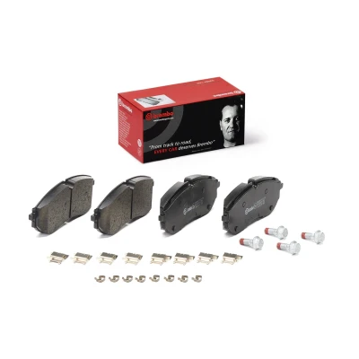 Abbildung von BREMBO P 85 179 Bremsbelagsatz für Verschleißwarnanzeiger vorbereitet mit Bremssattelschrauben, Anti Quietsch Blech Zubehör