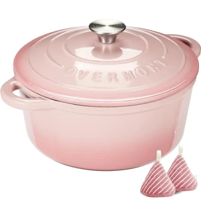 Abbildung von Overmont Bräter emaille Gusseisen Topf Schmortopf 28cm backofengeeignet mit Deckel und Kochbuch für Küche Backen Schmoren Braten Weiß