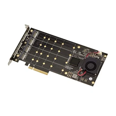Abbildung von KALEA INFORMATIQUE PCIe 3.0 x8 M2 Controller Karte für 4 M.2 NVMe M Key SSDs. PLX8724 Chipsatz 64GB Bandbreite Max 12000MB/s.