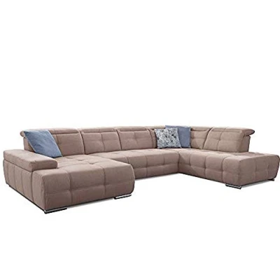 Abbildung von Cavadore Wohnlandschaft Mistrel mit Schlaffunktion / U Form Bettsofa leichter Fleckentfernung dank Soft Clean Geeignet für Haushalte Kindern, Haustieren /343 x 77 228 hellbraun