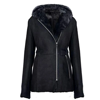 Abbildung von Infinity Leather Eleganter Schwarzer Snowtip Kapuzenmantel aus Wildleder mit Lammfell und Merinowolle für Damen S