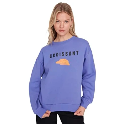 Abbildung von TRENDYOL Damen Crew Neck With Slogan Regular Sweatshirt, Lila, XL EU