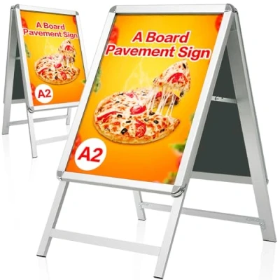 Abbildung von VAIIGO DIN A2 Kundenstopper Outdoor, Plakatständer wetterfest, doppelseitiger Aufsteller inklusive Schutzfolie, A Rahmen Ständer für Werbung &amp; Messen (A2, Silber)