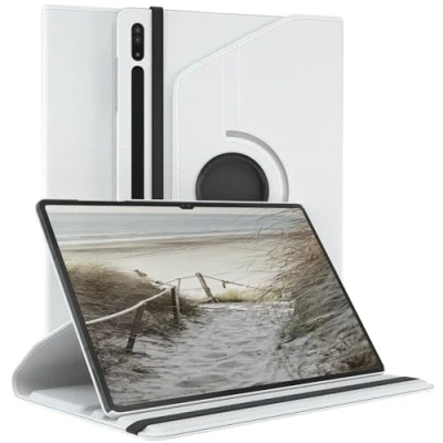 Abbildung von EAZY Case Tablet Hülle für Samsung Galaxy Tab S8 Ultra Schutzhülle 14.6 Zoll Smart Cover Rotationcase zum Aufstellen Klapphülle 360 drehbar mit Standfunktion Tasche Kunstleder Weiß