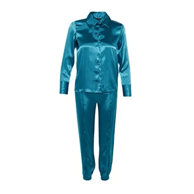 Abbildung von Trendyol Damen Women&#039;s Plain Middle Woven Fabric Shirt Trousers Pyjamas Pajama Set, Dunkelgrün, 42 EU