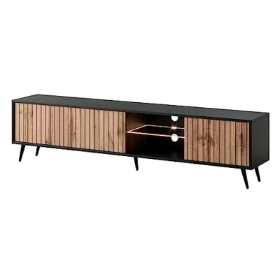 Abbildung von Selsey TV Schrank Board Sideboard Fernsehtisch Fernsehschrank Mit Lamellen Und LED Beleuchtung 175 cm Schwarze Beine Wotan Eiche Bello