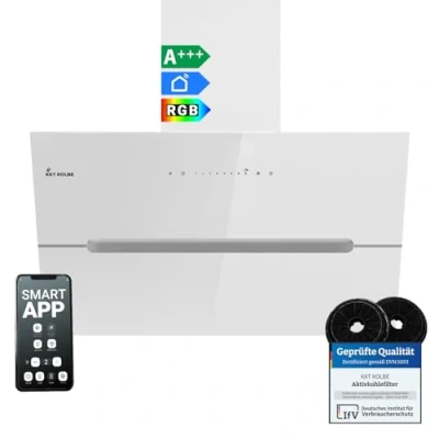 Abbildung von KKT KOLBE Dunstabzugshaube 80 cm 782 cbm/h Umluft Abluft Kopffrei Wandhaube Weiß Glas Smart WiFi App WLAN RGBW LED Beleuchtung ECCO8005WM