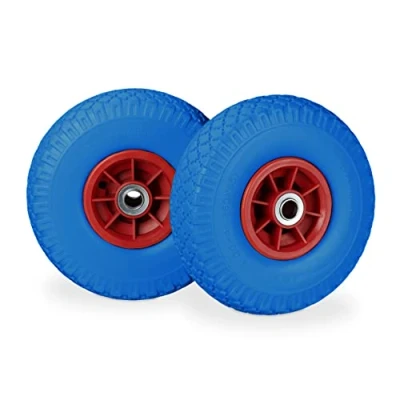 Abbildung von Relaxdays 2x Sackkarrenrad, pannensichere Vollgummireifen, 3.00 4 Zoll, 20 mm Achse, bis 80 kg, 260 x 85 mm, blau rot