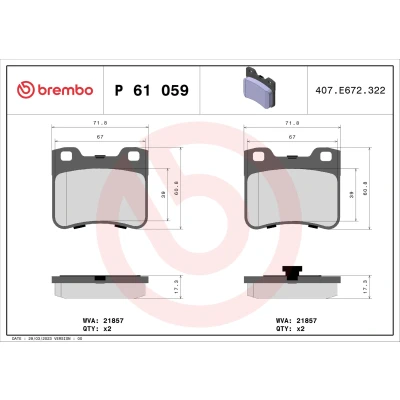 Abbildung von BREMBO P 61 059 Bremsbelagsatz exkl. Verschleißwarnkontakt ohne Zubehör CITROËN: Saxo Schrägheck, AX, PEUGEOT: 106 I Schrägheck