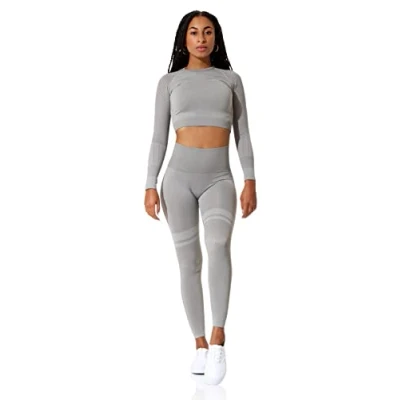Abbildung von STARK SOUL Fitness Set Crop Top Longsleeve und Sport Leggings High Waist Farbe: Grau Melange, Größe: S