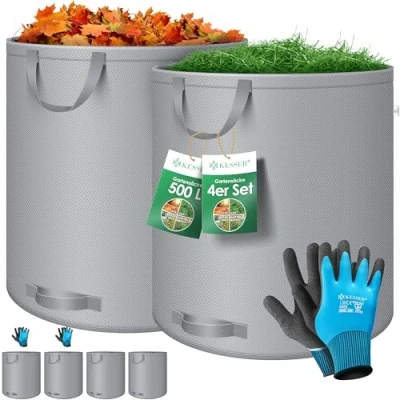 Abbildung von KESSER® Gartensack 4X 500L Set Laubsack Gartenabfallsack inkl. Handschuhe Selbststehend 4 Griffe Stabil Robust &amp; Faltbar Laubsäcke Rasenschnitt Gartensäcke für Gartenabfälle Grünschnitt Grau