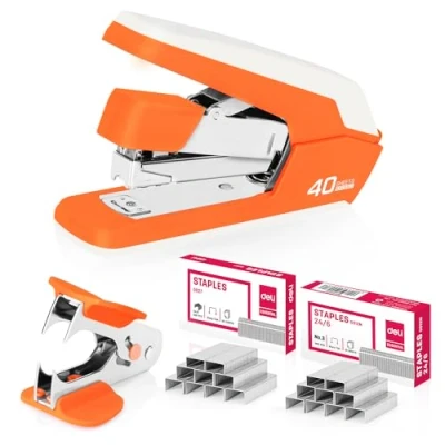 Abbildung von Deli Müheloses Schreibtischheftgerät, robustes Heftgerät, 40 Blatt Kapazität, ein Finger, kein Aufwand, inklusive Heftklammern &amp; Heftklammerentferner, Orange