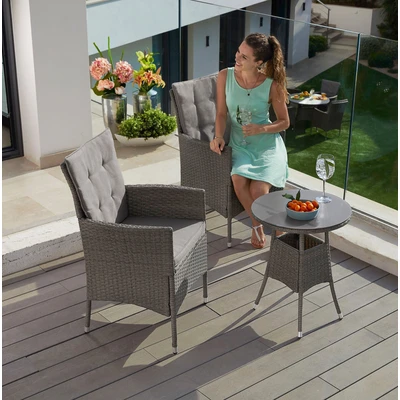 Abbildung von KONIFERA Balkonset &quot;Mailand&quot;, (Set, 7 tlg., 2 Sessel, Tisch Ø 50 cm, inkl. Auflagen), Polyrattan, Tischplatte aus Sicherheitsglas, verzinkter Stahl