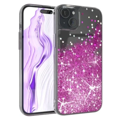 Abbildung von EAZY Case Glitzer Hülle kompatibel mit iPhone 15 Plus Handyhülle für Silikon leichtes Shiny Cover stoßfestes Phone als Fallschutz in Klar Transparent/Lila