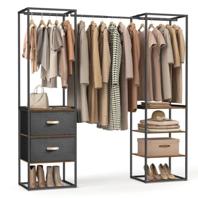 Abbildung von SONGMICS Kleiderständer, offener Kleiderschrank, Garderobenständer hochbelastbar, 1 ausziehbare Stange, 2 Schubladen, 4 Ablagen, für Schlafzimmer, platzsparend, vintagebraun RGR003B01