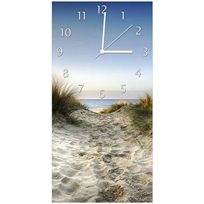 Abbildung von Wallario Design Wanduhr, Acrylglasuhr Größe 30 x 60 cm, weiße Zeiger, Motiv Weg durch die Dünen zum Strand am Meer