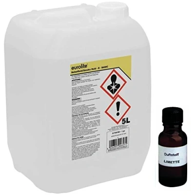 Abbildung von 5 L Eurolite B (Basic) Nebelfluid + 30 ml Duftstoff Limette Zitrone, Smoke Fluid, Nebel Fluid Flüssigkeit für Nebelmaschine (5 Duft Zitrone)