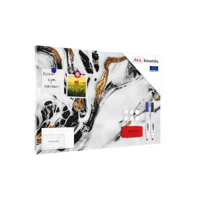 Abbildung von ALLboards Metallische Magnettafel MARMOR MARMORSTEIN GOLD WEIß 60x40cm MetalBoards Memoboard für jede Art von Magneten Magnetpinnwand zum Beschriften + 4 Marker, 10 Magnete und Schwamm im Lieferumfang