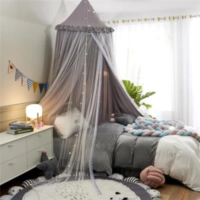 Abbildung von Betthimmel Babybett Baldachin Kinderzimmer, Kinderbett Moskitonetz Kinder Prinzessin Spielzelte, Mädchen &amp; Jungen zum Schlafen, Spielen als Mosquitonetz (Grau)
