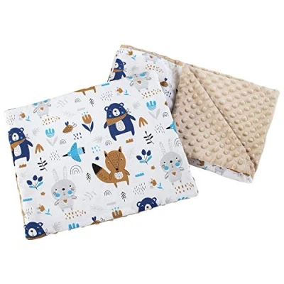 Abbildung von Medi Partners Babydecke Krabbeldecke mit Kissen 100% Baumwolle Minky Kinderdecke 55x75 + 35x30cm multifunktional für Kinderwagen Babyschale Wiege (Tiere im Wald beigem Minky)