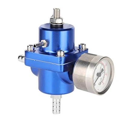 Abbildung von Kraftstoffdruckregler, 0 140 psi Einstellbare Aluminiumlegierung Universal Fpr Eingebaute Membran Einstellbarer Kraftstoffdruckregler mit Manometer Schlauchhalterung (Blau)