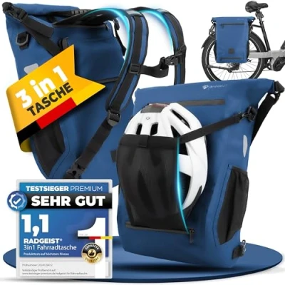 Abbildung von RADGEIST 3in1 Fahrradtasche für Gepäckträger I Gepäckträgertasche, Rucksack &amp; Umhängetasche 18 22L Tasche Fahrrad 100% wasserdicht Blau