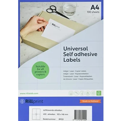 Abbildung von Rillprint Vielzweck Etiketten Selbstklebend 400 Stück 105 x 148 mm 4 Klebeetiketten pro A4 Blatt Bedruckbar &amp; Abziehbar Universal Adressaufkleber 100 Blatt, Weiß
