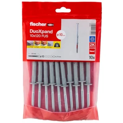 Abbildung von fischer DuoXpand 10 x 120 FUS, hochwertiger Universaldübel mit Sechskantschraube &amp; angeformter U Scheibe (10 Stk.), Dübel für starken Halt, ideal poröse Baustoffe randnahe Verankerungen