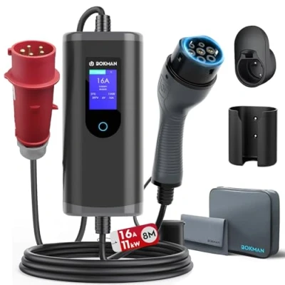 Abbildung von bokman Typ 2 Ladekabel mit CEE Stecker, 8 Meter 6 16A 11kW 3 Phasig IP65 Wasserdicht, Tragbares EV Ladegerät und Mobile Wallbox Ladestation für IEC 62196 Tragetasche &amp; Mikrofaserhandtuch