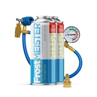 Abbildung von FrostMEISTER 3in1 Auto Klimaanlagen Nachfüllset (2X 400 ml Dose + Schlauch mit Manometer &amp; Adapter) Ersatzkältemittel, Kompressoröl Dichtmittel für R1234yf (ab Baujahr 2017)