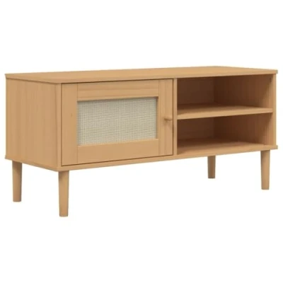 Abbildung von vidaXL TV Schrank, Fernsehschrank mit 3 Fächern 1 Tür, Lowboard HiFi Schrank Rattan Optik, Fernsehtisch Möbel, Braun Kiefernholz