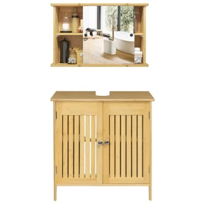 Abbildung von EUGAD Badezimmer Badmöbel Set Waschbeckenunterschrank Unterschrank Badezimmerschrank mit Spiegelschrank Hängeschrank für Bad Bambus,60x60x30 cm