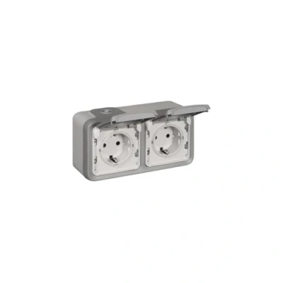 Abbildung von LEGRAND, Plexo Classic Feuchtraum Aufputz Schutzkontakt Steckdose, 2 fach (SL), horizontal, vorverschient, 16 A/250 V, IP44 IK07, grau, 069742